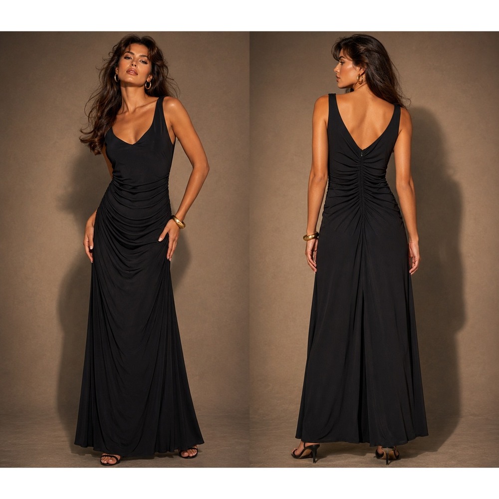 VTG 90s Maxi Dress S Black Ruched V-Neck Gothic Glam Formal Old Hollywood Chic